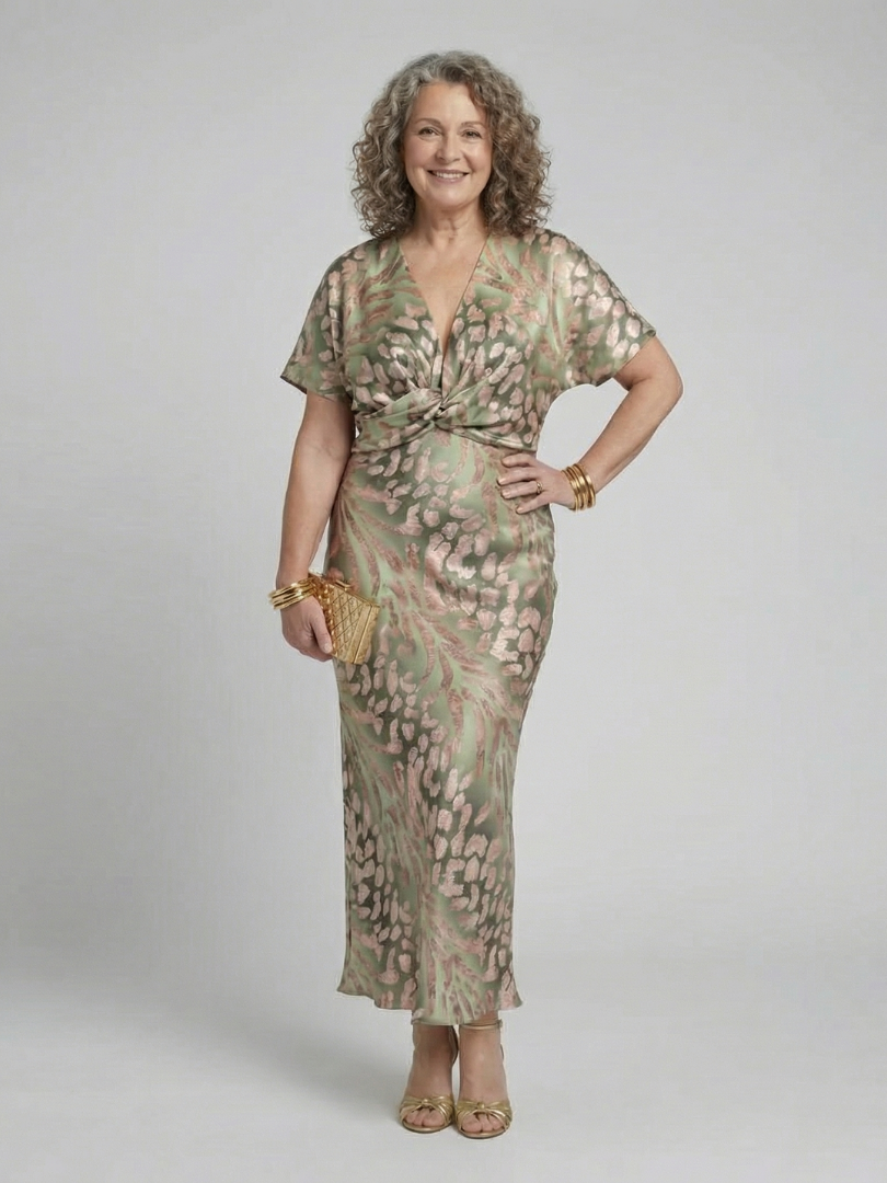 Coralie | Midi-Kleid mit abstraktem Muster, V-Ausschnitt und gedrehter Taille