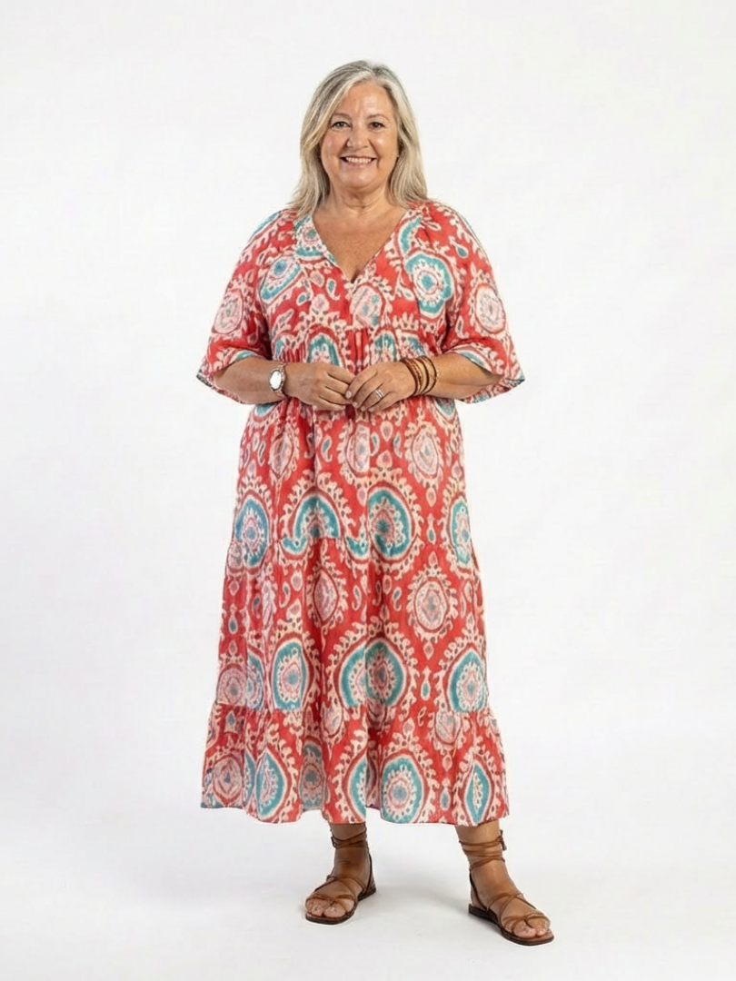 Zaria | Midi-Kleid mit Paisley-Muster, V-Ausschnitt und kurzen Ärmeln