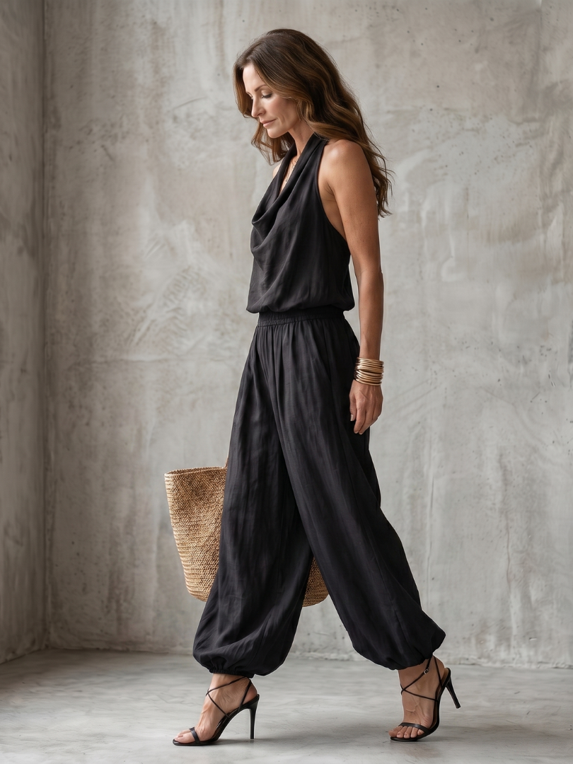 Yvaine | Drapierter Hals Fluid Top Weite Hose Set