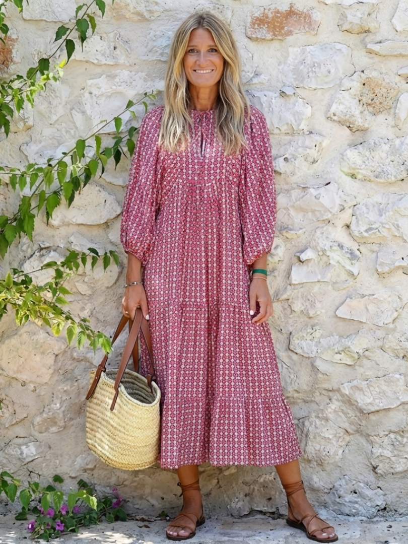 Arlette | Midi-Kleid mit geometrischem Muster und langen Ärmeln