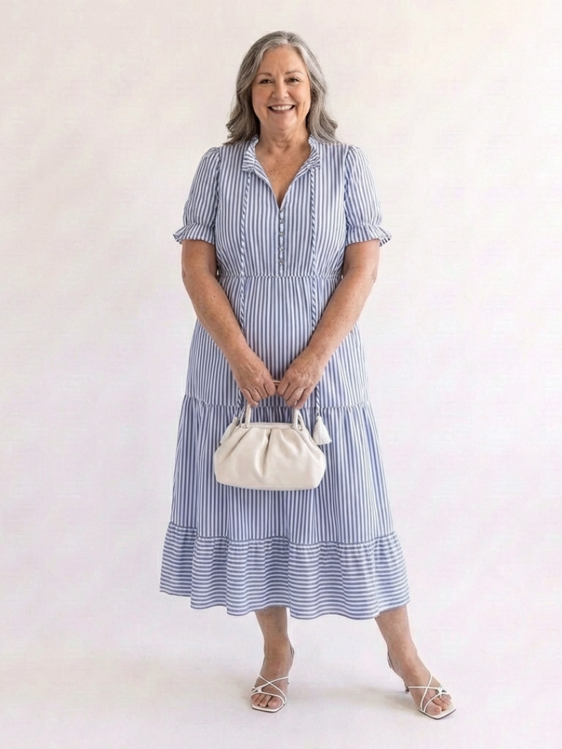 Dakota | Midi-Kleid mit kurzen Ärmeln und Streifen