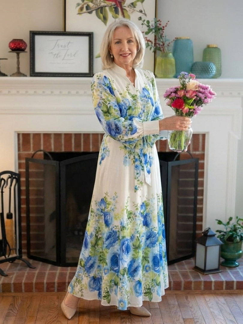 Harper | Maxikleid mit langen Ärmeln und Blumenmuster mit Frontknopf
