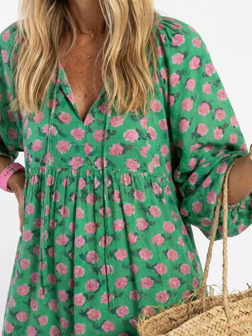 Fiora | Midi-Kleid mit Blumenmuster und V-Ausschnitt