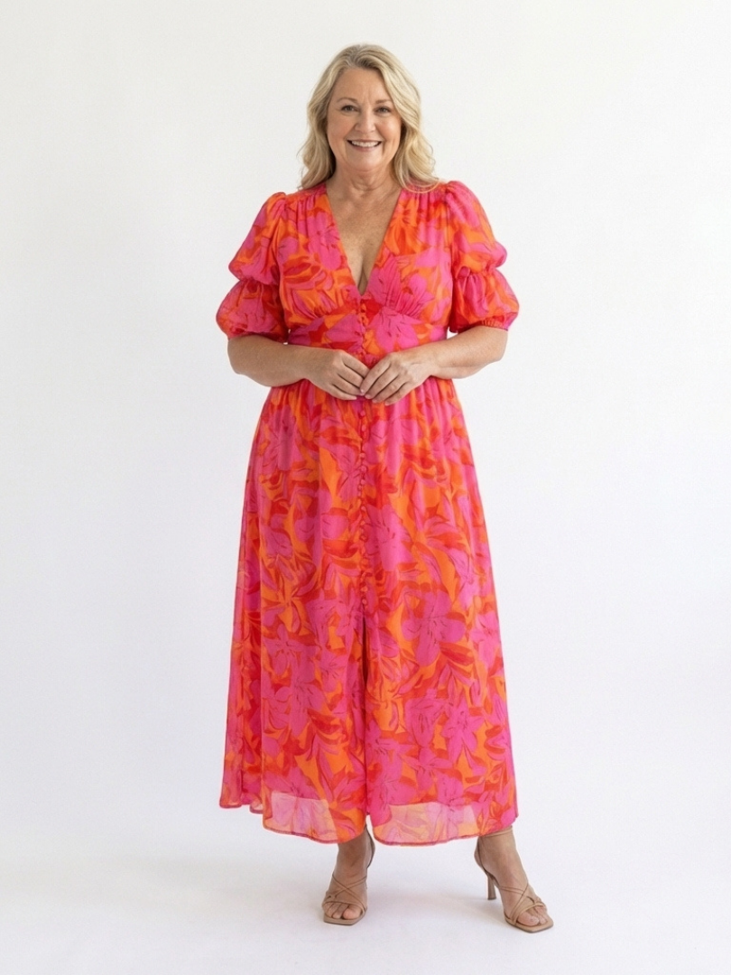Willow | Midi-Kleid mit Puffärmeln und V-Ausschnitt im Blumenmuster