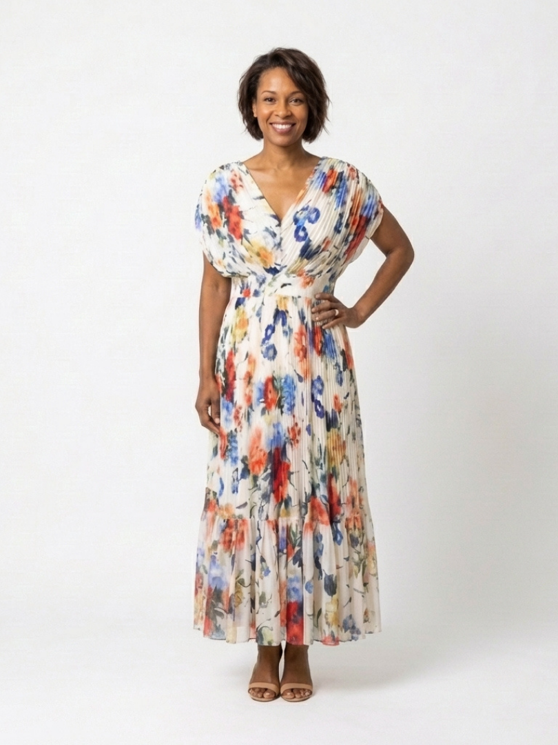 Savannah | Midi Kleid mit Blumenmuster und kurzen Ärmeln