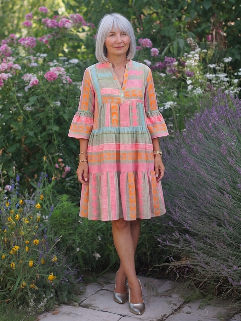Maelle | Kleid mit geometrischem Muster und V-Ausschnitt, knielang