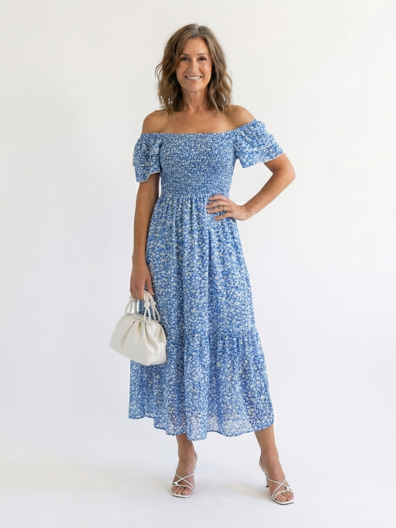 Odette | Midi Kleid mit Blumenmuster und schulterfreiem Ausschnitt