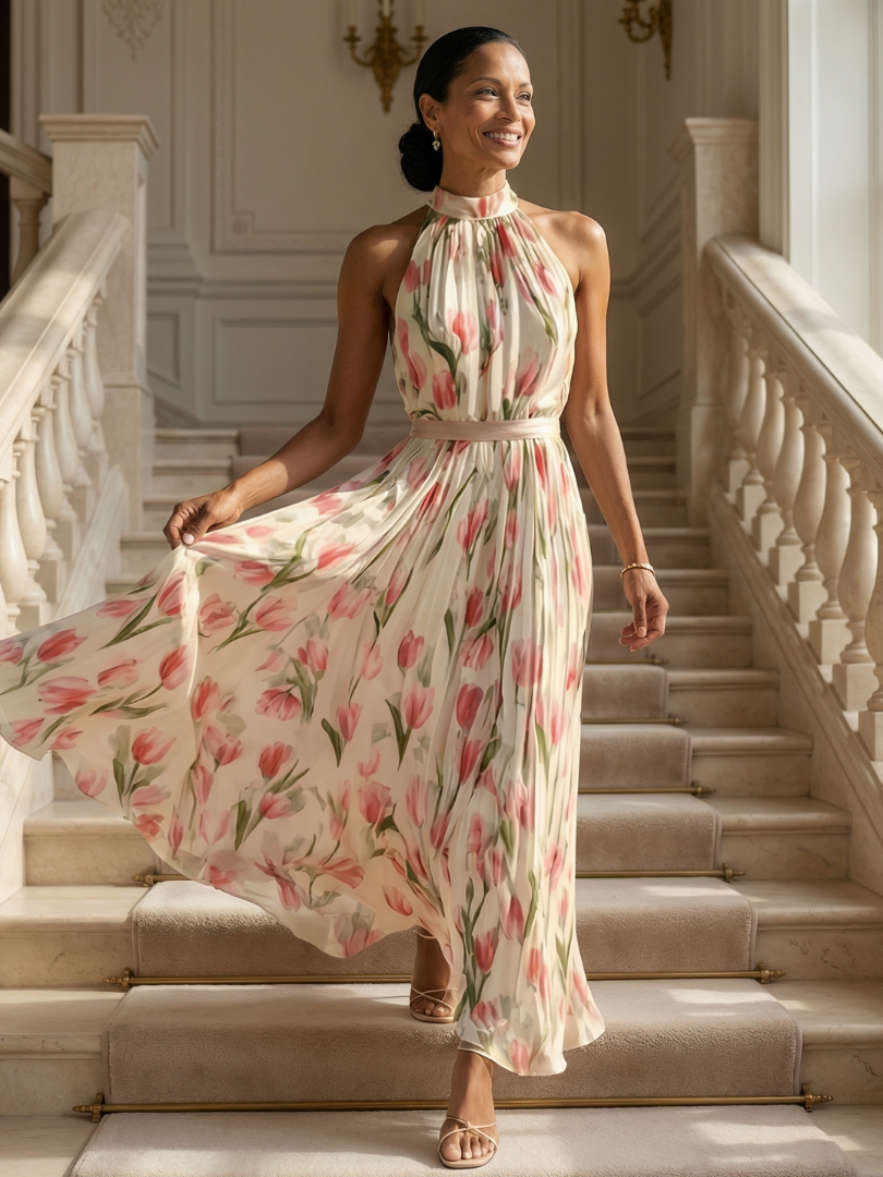 Aurelle | Midi-Kleid mit Blumen-Halterkragen