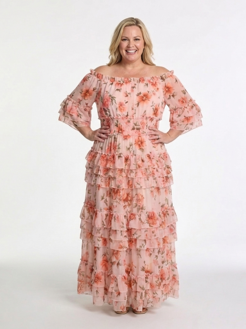 Rosalie | Maxikleid mit Rüschen und floralem Dekolleté Bardot
