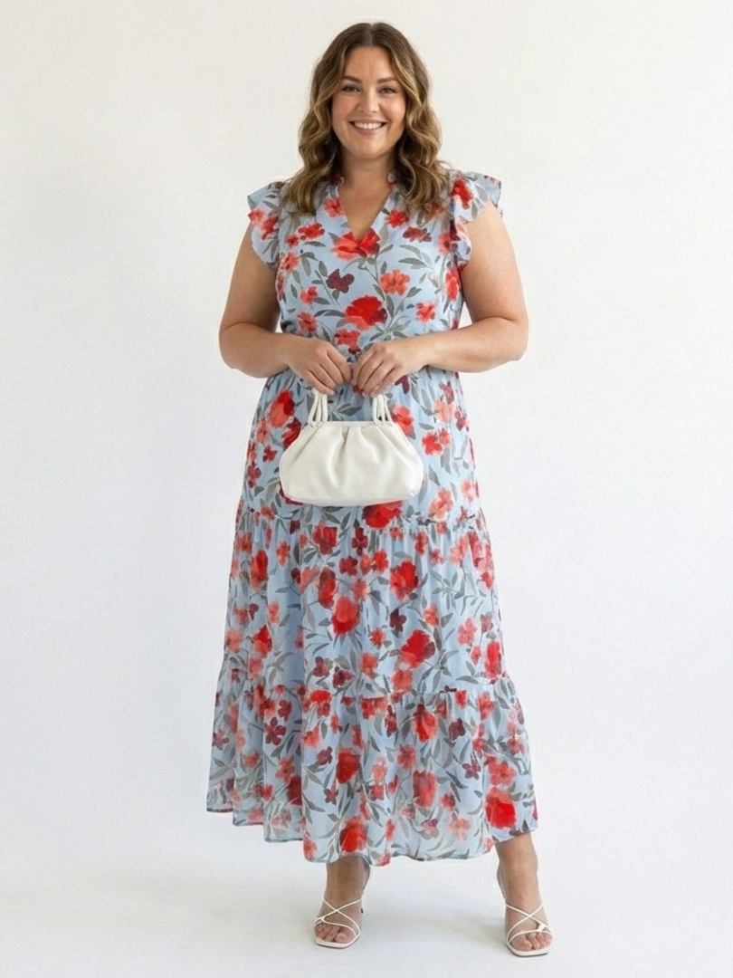 Lila | Midi-A-Line Kleid mit Blumenmuster