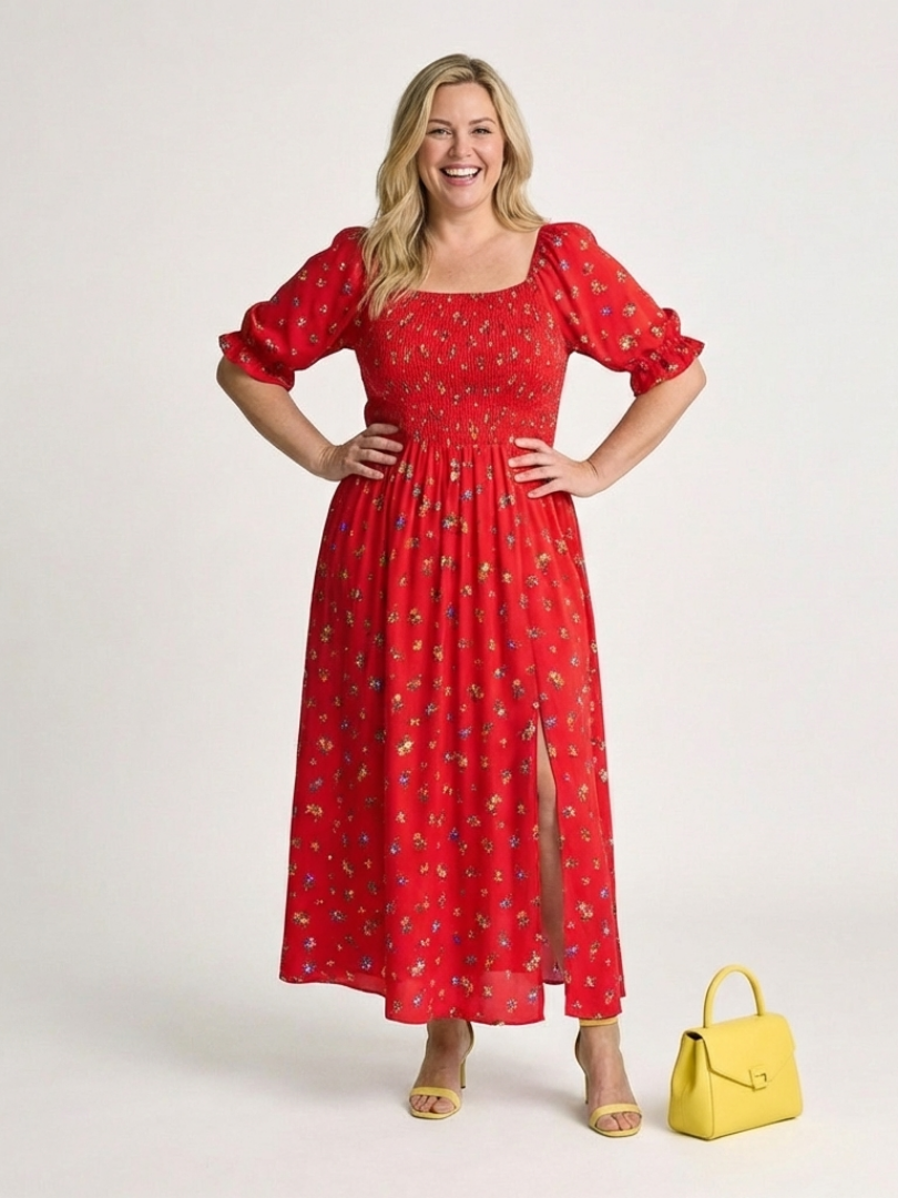 Delphine | Midi-Kleid mit Puffärmeln und quadratischem Ausschnitt mit Blumen