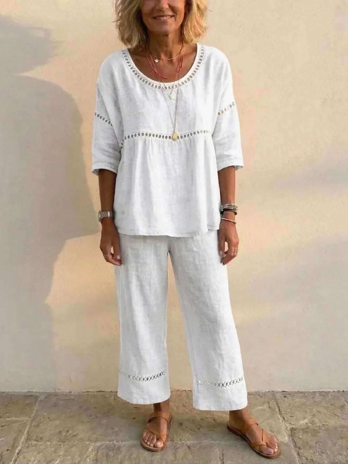 Marielle | Zweiteiliges Set aus weichem Leinen mit Spitzen-Details
