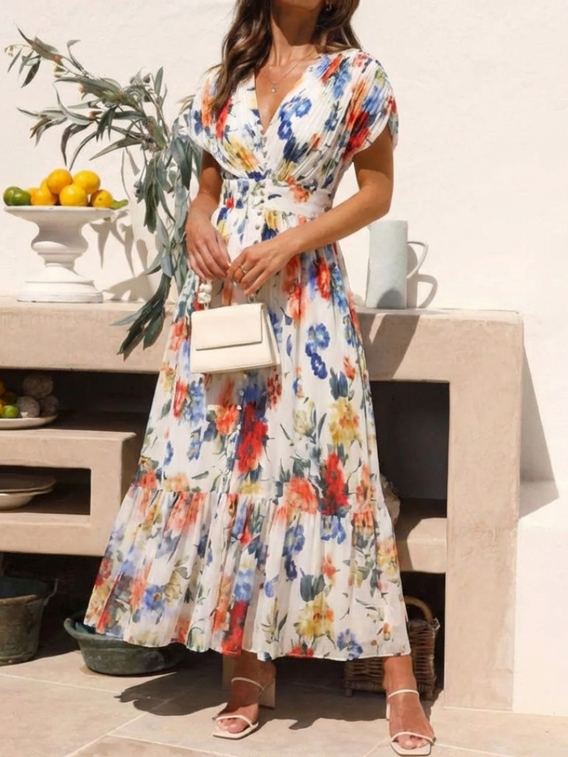 Savannah | Midi Kleid mit Blumenmuster und kurzen Ärmeln