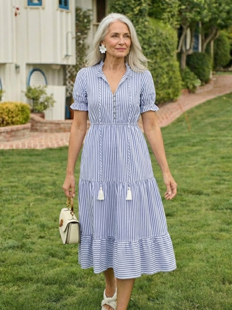 Dakota | Midi-Kleid mit kurzen Ärmeln und Streifen