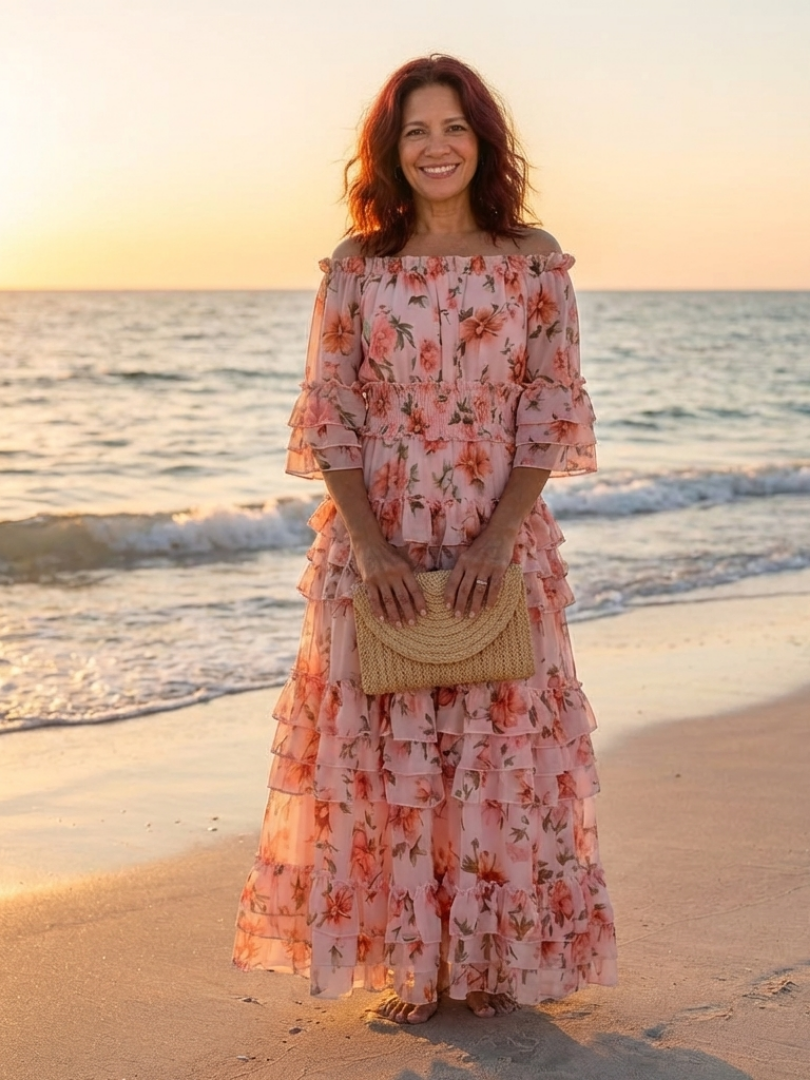 Rosalie | Maxikleid mit Rüschen und floralem Dekolleté Bardot