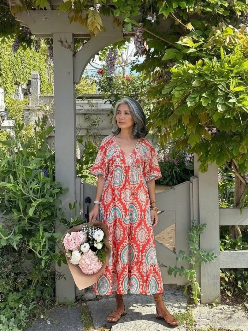 Zaria | Midi-Kleid mit Paisley-Muster, V-Ausschnitt und kurzen Ärmeln