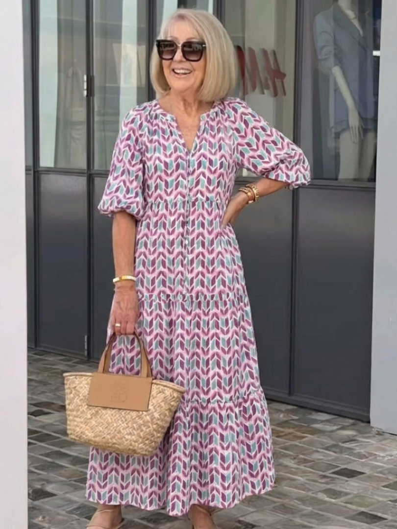 Mireya | Midi-Kleid mit langen Ärmeln und geometrischem Muster