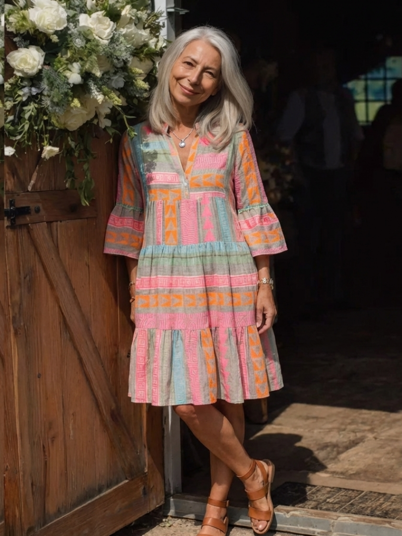 Maelle | Kleid mit geometrischem Muster und V-Ausschnitt, knielang