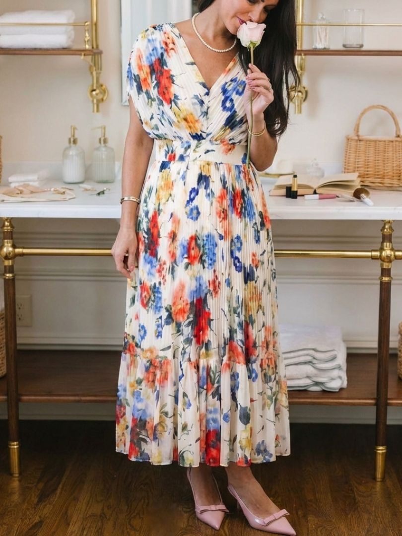 Savannah | Midi Kleid mit Blumenmuster und kurzen Ärmeln