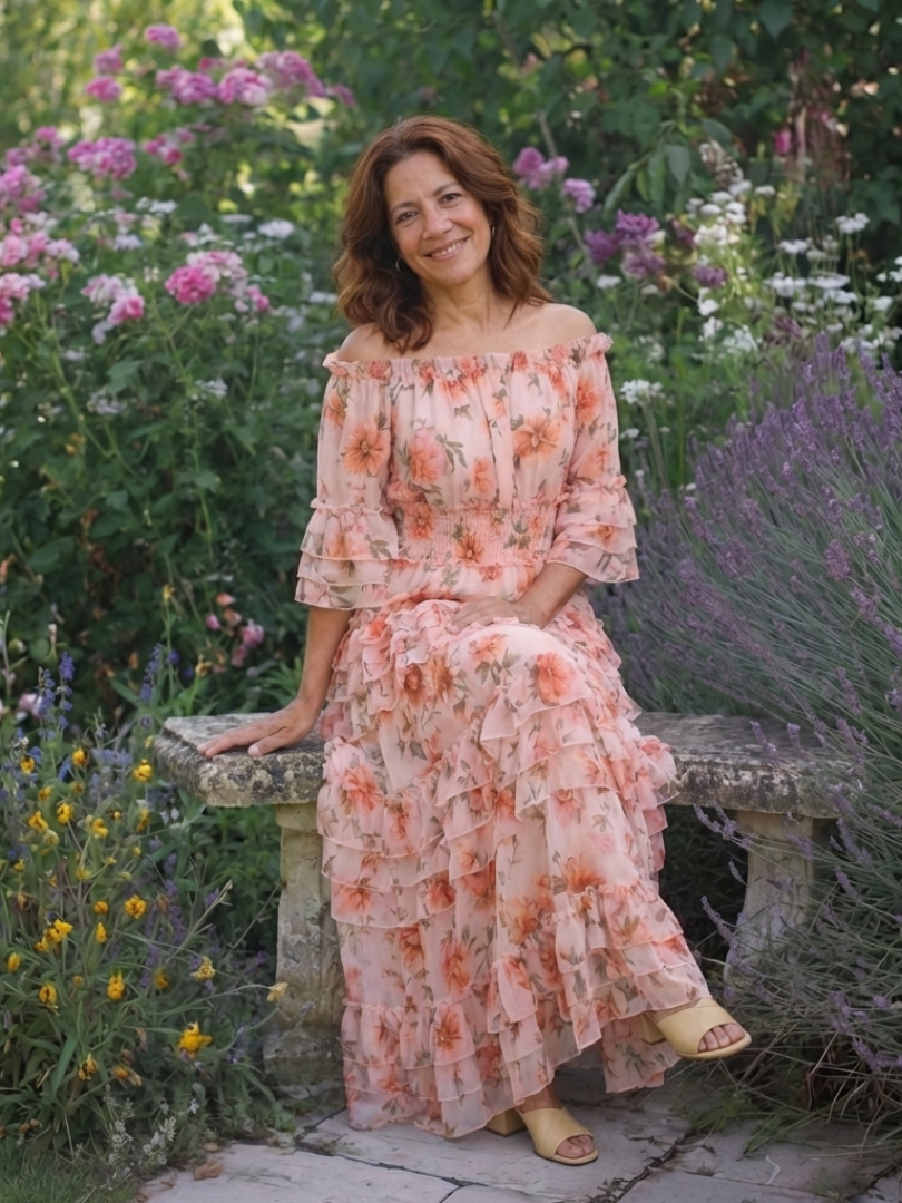 Rosalie | Maxikleid mit Rüschen und floralem Dekolleté Bardot