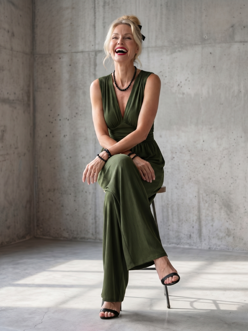 Vincenza | Jumpsuit mit tiefem V-Ausschnitt und definiertem Taillenbereich, weit geschnitten