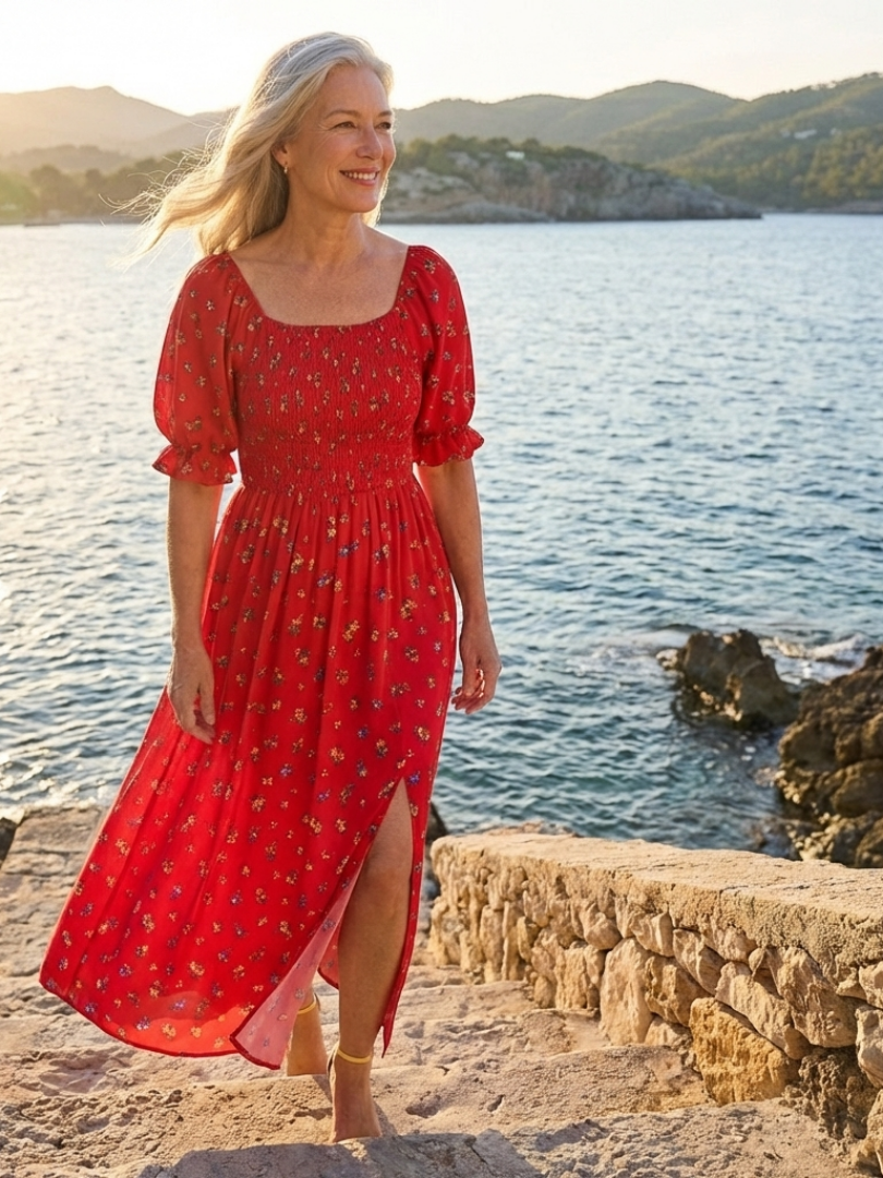 Delphine | Midi-Kleid mit Puffärmeln und quadratischem Ausschnitt mit Blumen