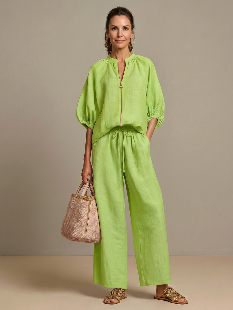 Natalia | Blouson Top mit Reißverschluss und Weitbein-Hose