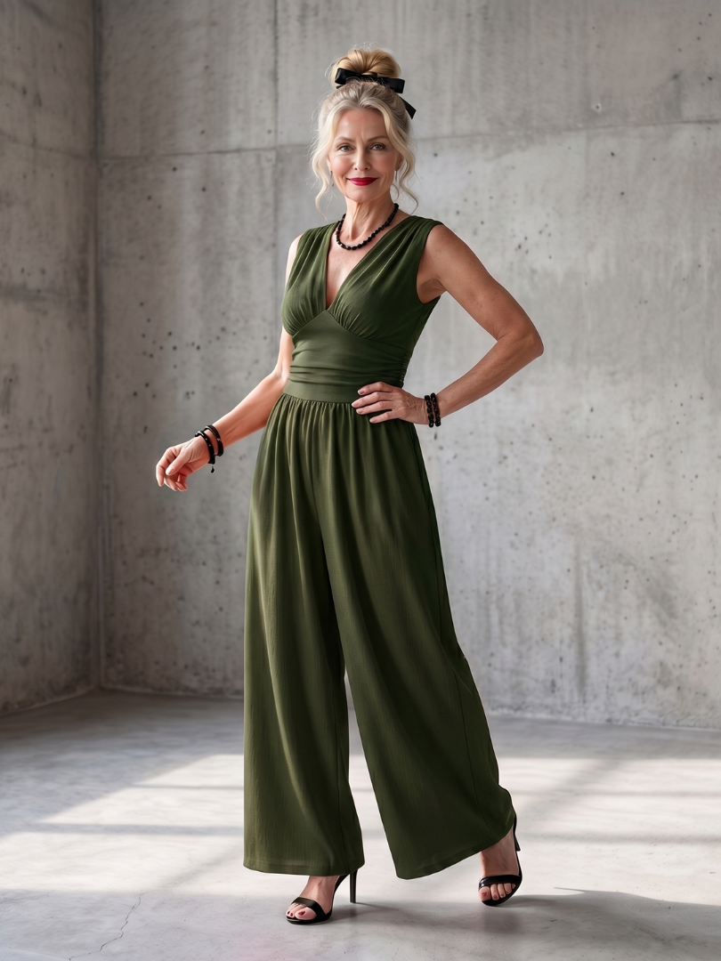 Vincenza | Jumpsuit mit tiefem V-Ausschnitt und definiertem Taillenbereich, weit geschnitten
