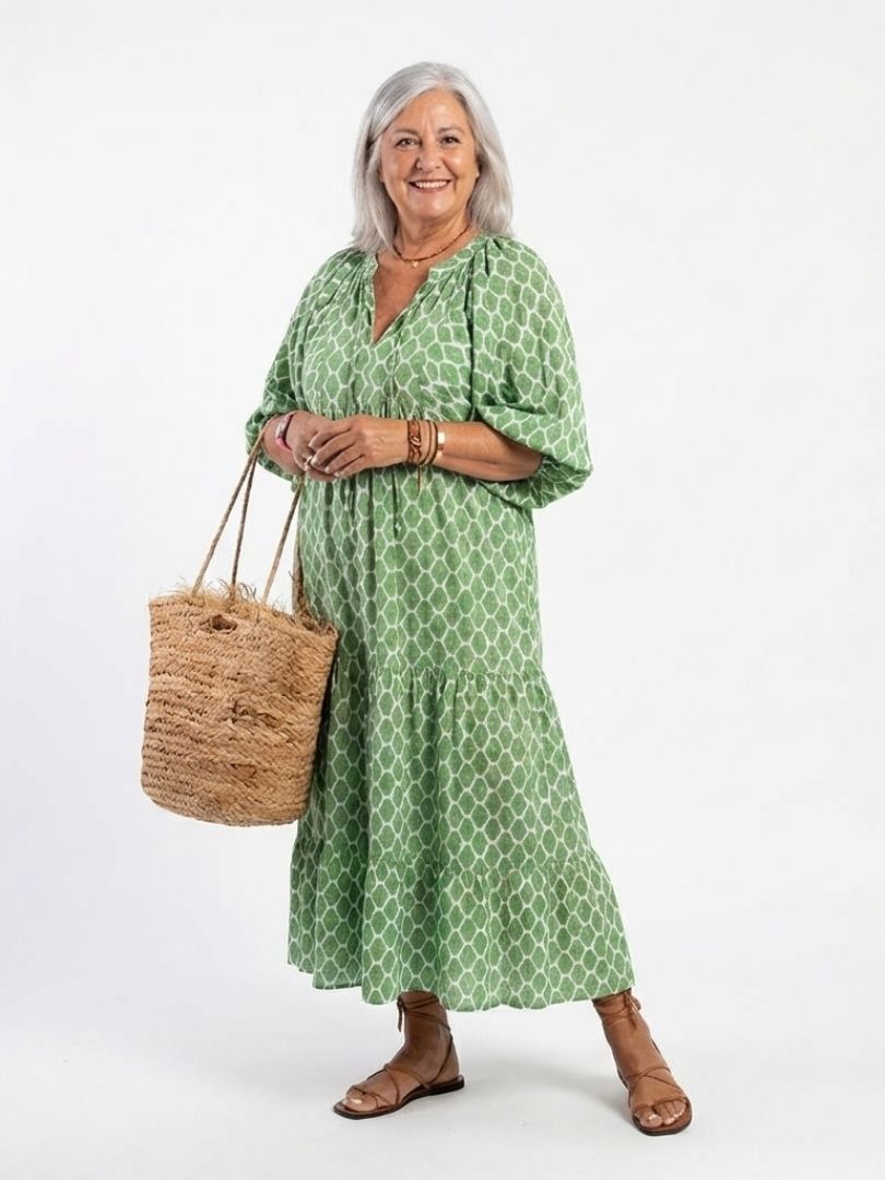 Apolline | Midi-Kleid mit drei Viertel-Ärmeln und V-Ausschnitt mit Mustern