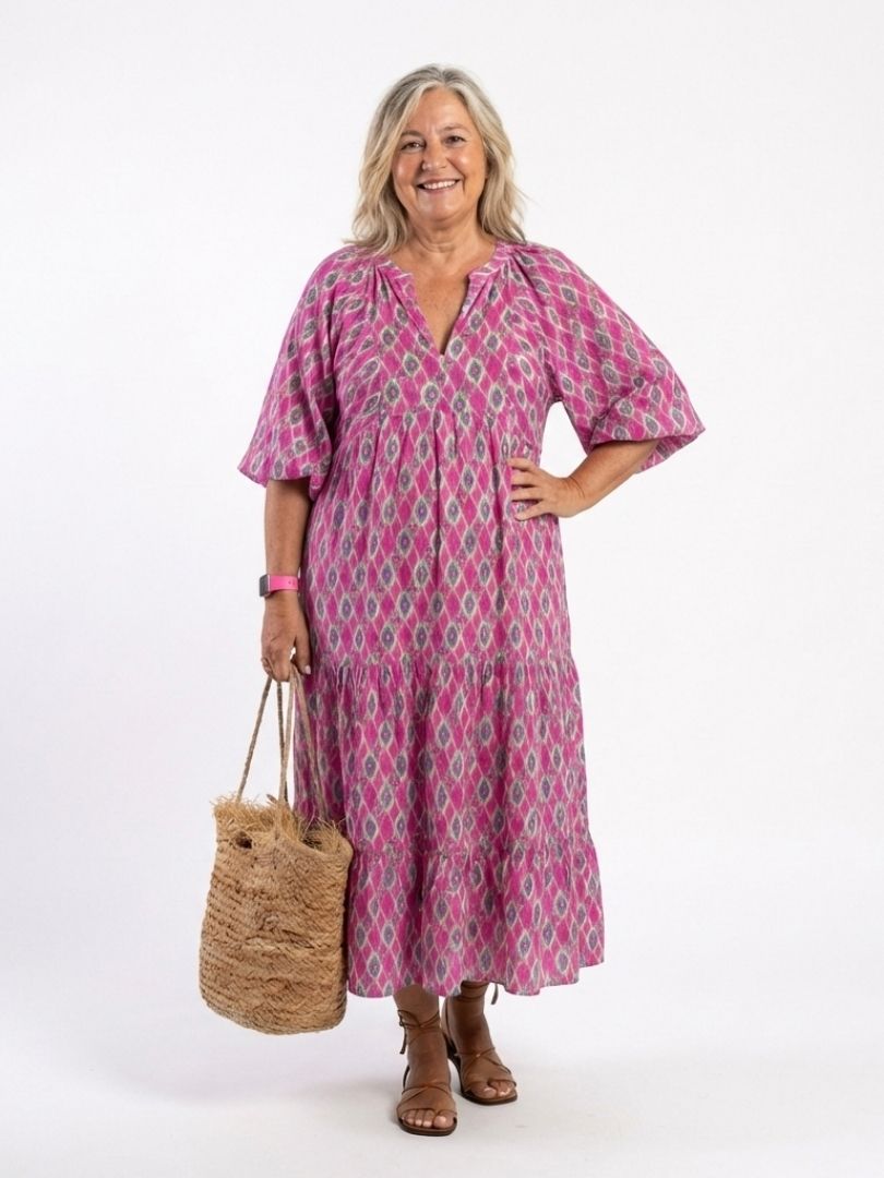 Apolline | Midi-Kleid mit drei Viertel-Ärmeln und V-Ausschnitt mit Mustern