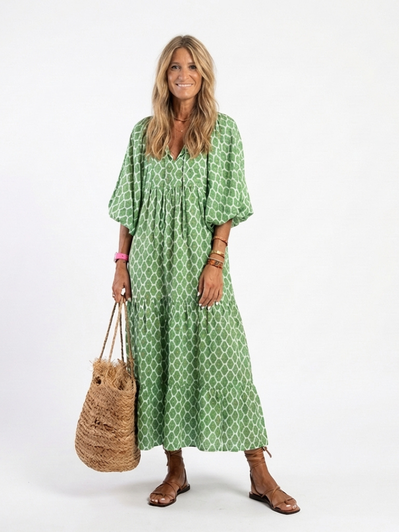Apolline | Midi-Kleid mit drei Viertel-Ärmeln und V-Ausschnitt mit Mustern