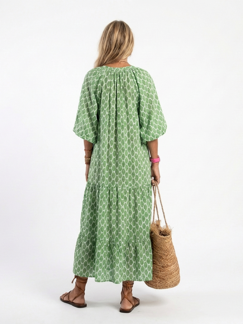 Apolline | Midi-Kleid mit drei Viertel-Ärmeln und V-Ausschnitt mit Mustern