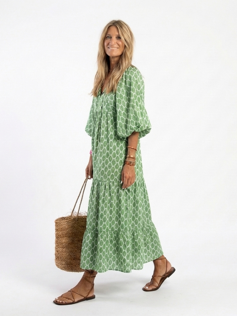 Apolline | Midi-Kleid mit drei Viertel-Ärmeln und V-Ausschnitt mit Mustern