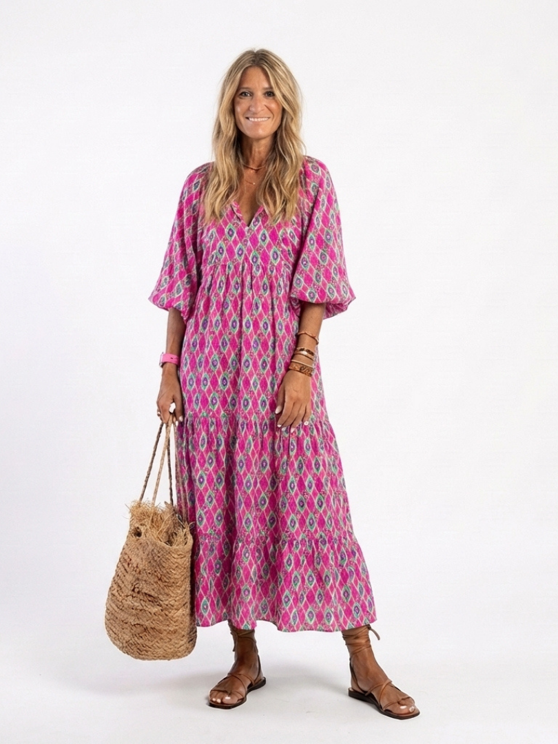 Apolline | Midi-Kleid mit drei Viertel-Ärmeln und V-Ausschnitt mit Mustern