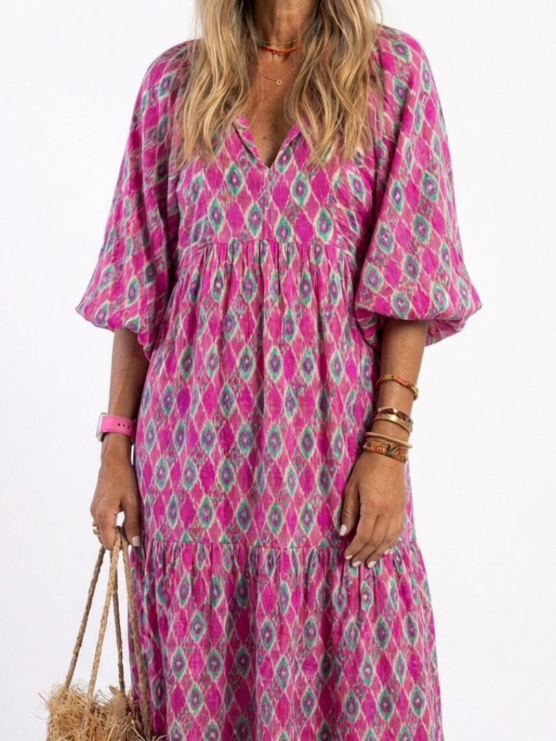 Apolline | Midi-Kleid mit drei Viertel-Ärmeln und V-Ausschnitt mit Mustern