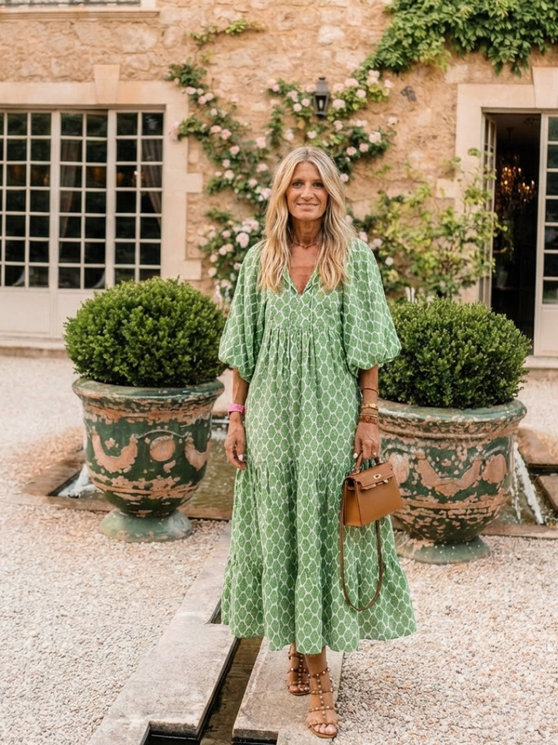 Apolline | Midi-Kleid mit drei Viertel-Ärmeln und V-Ausschnitt mit Mustern