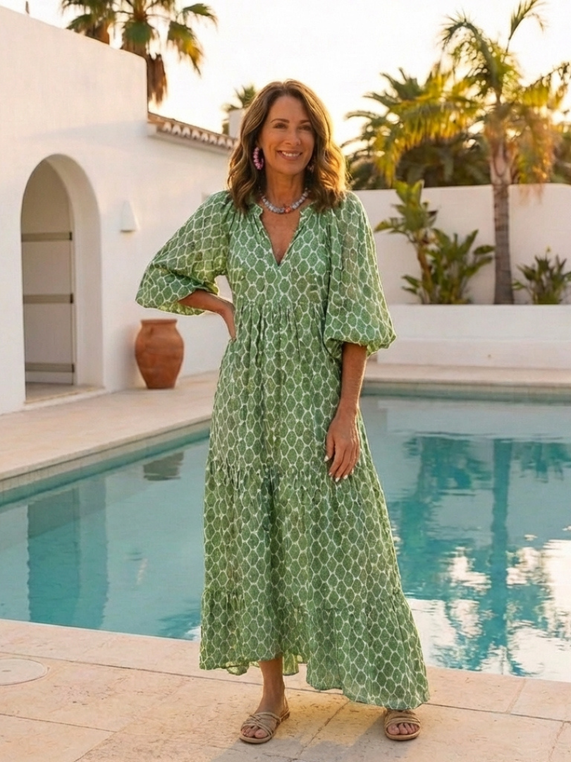 Apolline | Midi-Kleid mit drei Viertel-Ärmeln und V-Ausschnitt mit Mustern