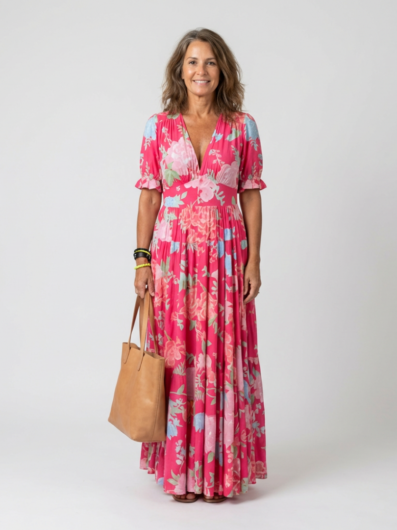 Élodie | Lange Blumenrobe mit Überkreuz-Ausschnitt