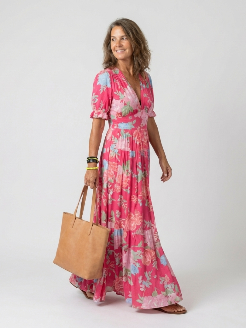 Élodie | Lange Blumenrobe mit Überkreuz-Ausschnitt