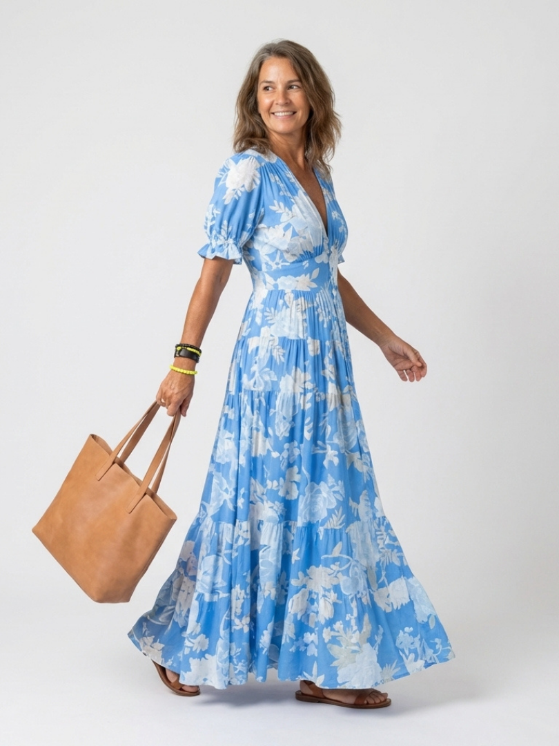Élodie | Lange Blumenrobe mit Überkreuz-Ausschnitt