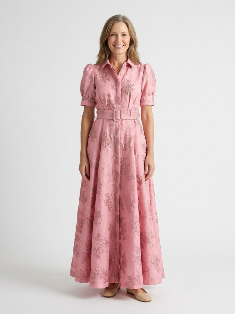 Xanthea | Maxikleid mit kurzen Ärmeln und texturiertem Blumen-Gürtel