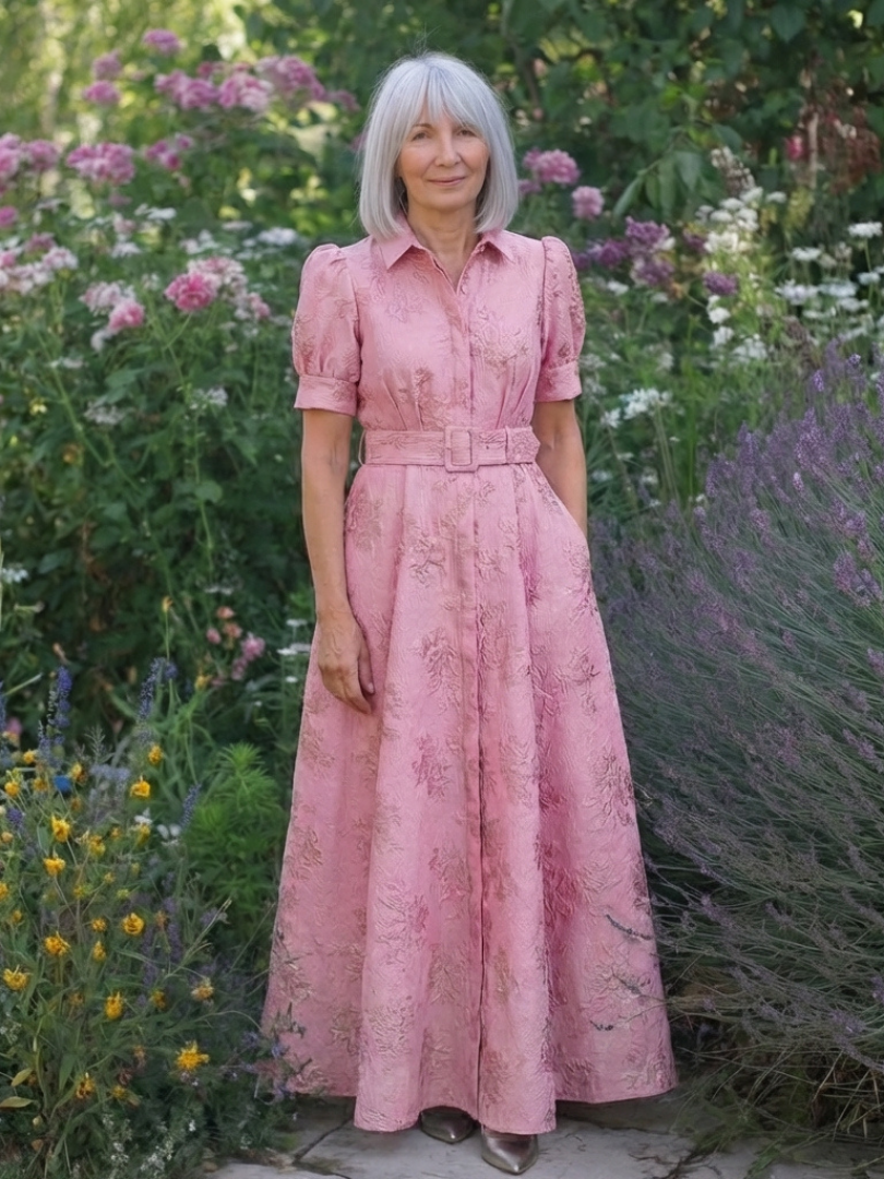 Xanthea | Maxikleid mit kurzen Ärmeln und texturiertem Blumen-Gürtel
