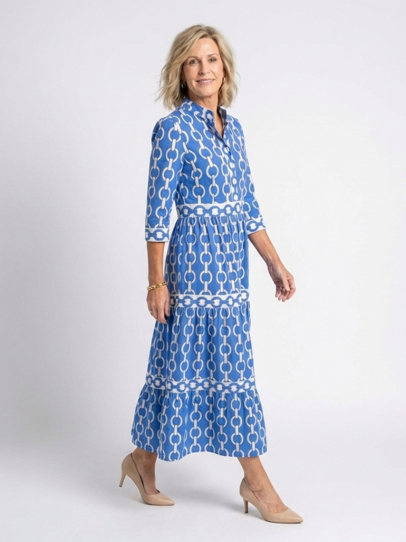 Ysolde | Midi-Kleid mit dreiviertel Ärmeln und Kettenmuster