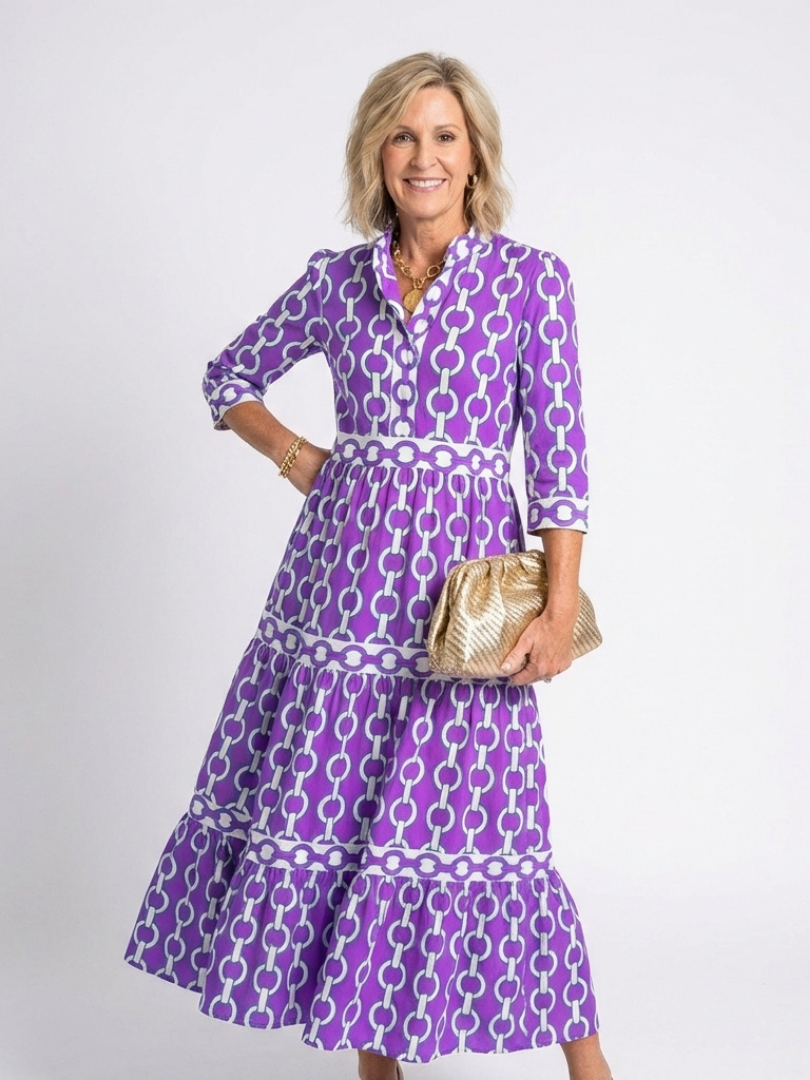 Ysolde | Midi-Kleid mit dreiviertel Ärmeln und Kettenmuster