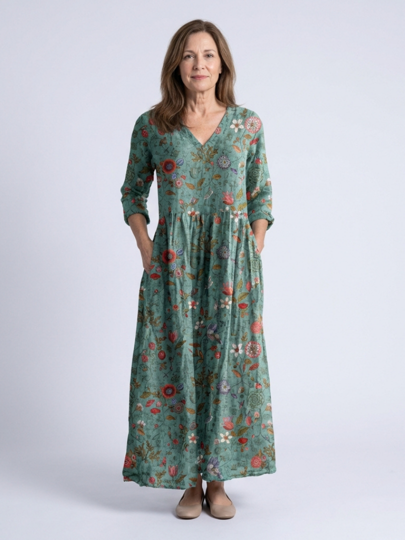 Marina | Maxikleid mit Dreiviertelärmeln und V-Ausschnitt im floralen Design