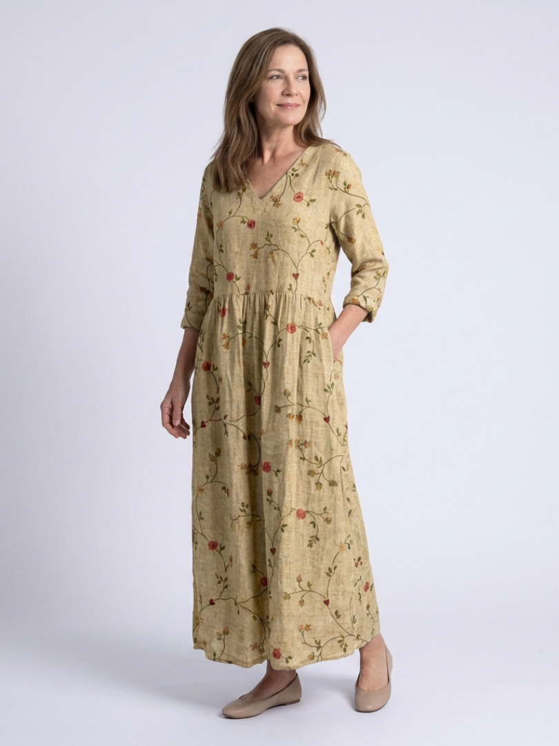 Marina | Maxikleid mit Dreiviertelärmeln und V-Ausschnitt im floralen Design
