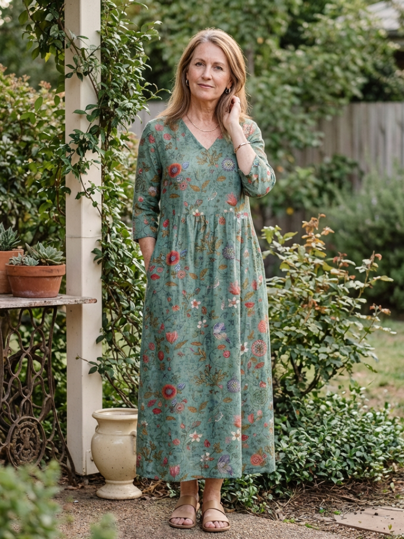 Marina | Maxikleid mit Dreiviertelärmeln und V-Ausschnitt im floralen Design