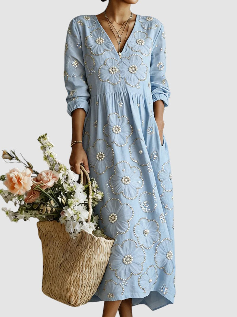 Clémence | Lange, bestickte Kleid mit floralen Motiven