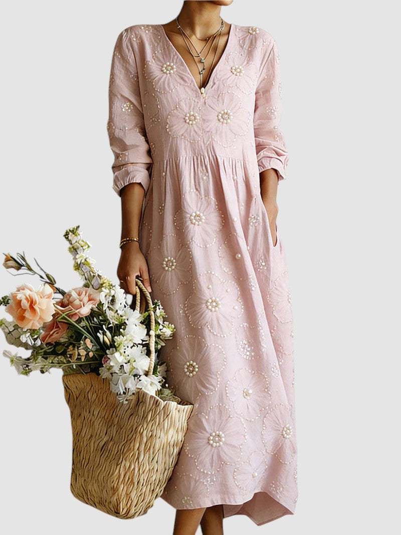 Clémence | Lange, bestickte Kleid mit floralen Motiven