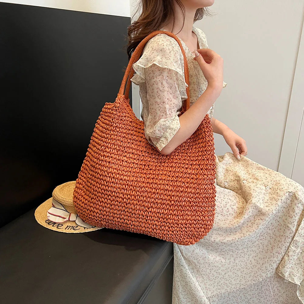 Strohtasche | Große Vintage Schultertasche